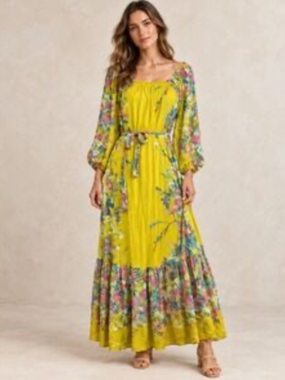 Anthropologie Eliora Yellow Floral Off the Shoulder Maxi Dress with Belt